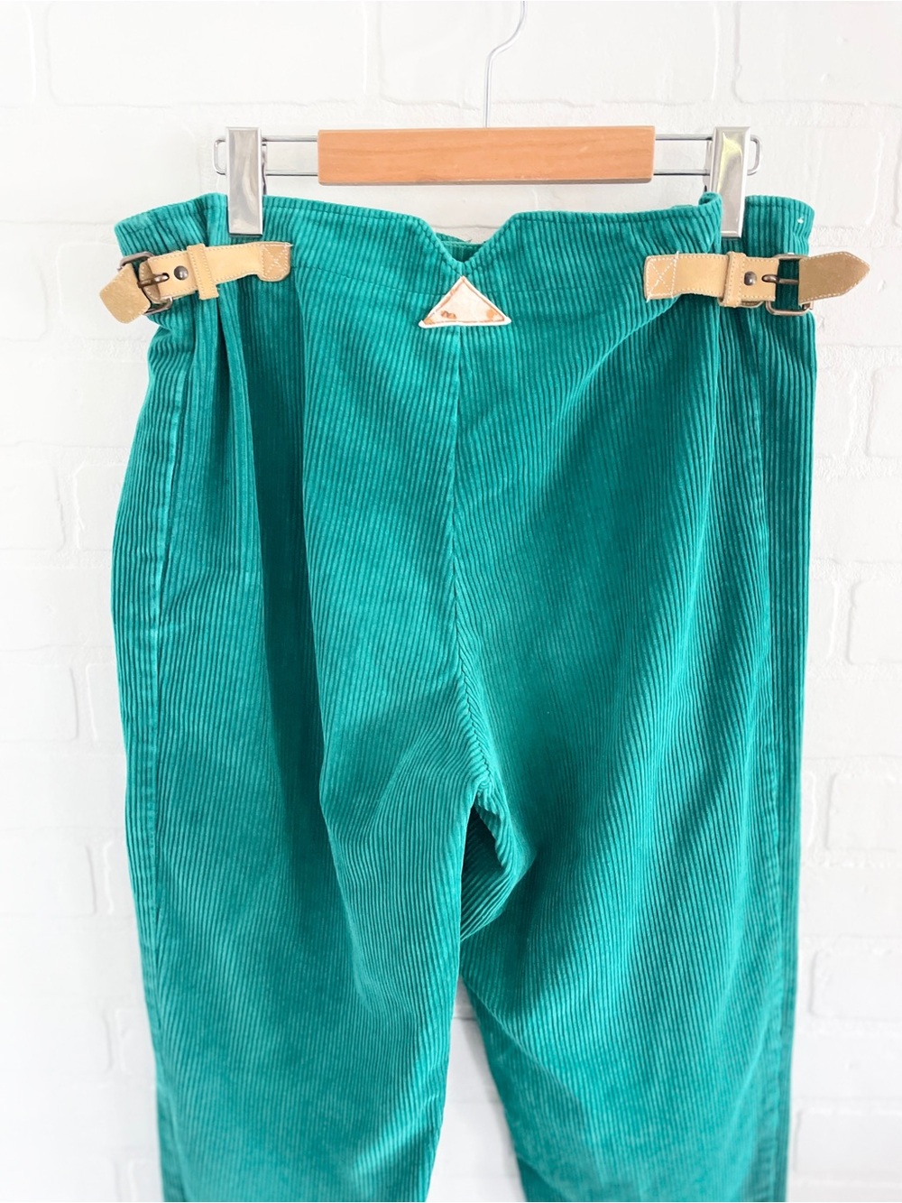 Vintage 70s Emerald Teal Corduroy Barrel Pants Leather Side Tabs Archive Size 10 - Picture 12 of 16